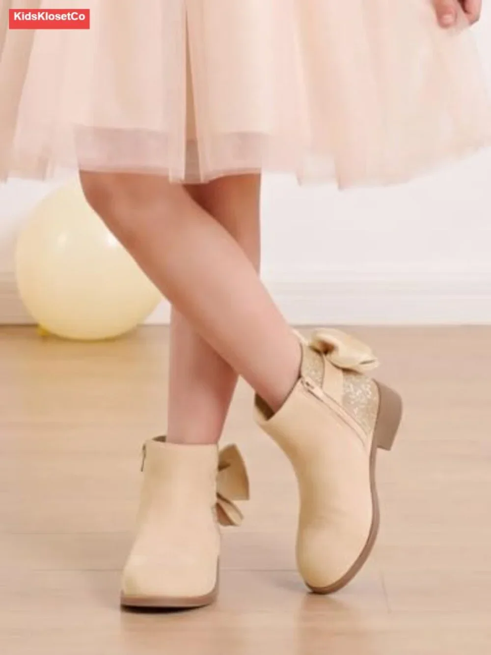 Girls Glitter Ankle Boots Bow Chunky Low Heel Zip Dress Booties Faux Suede Faux